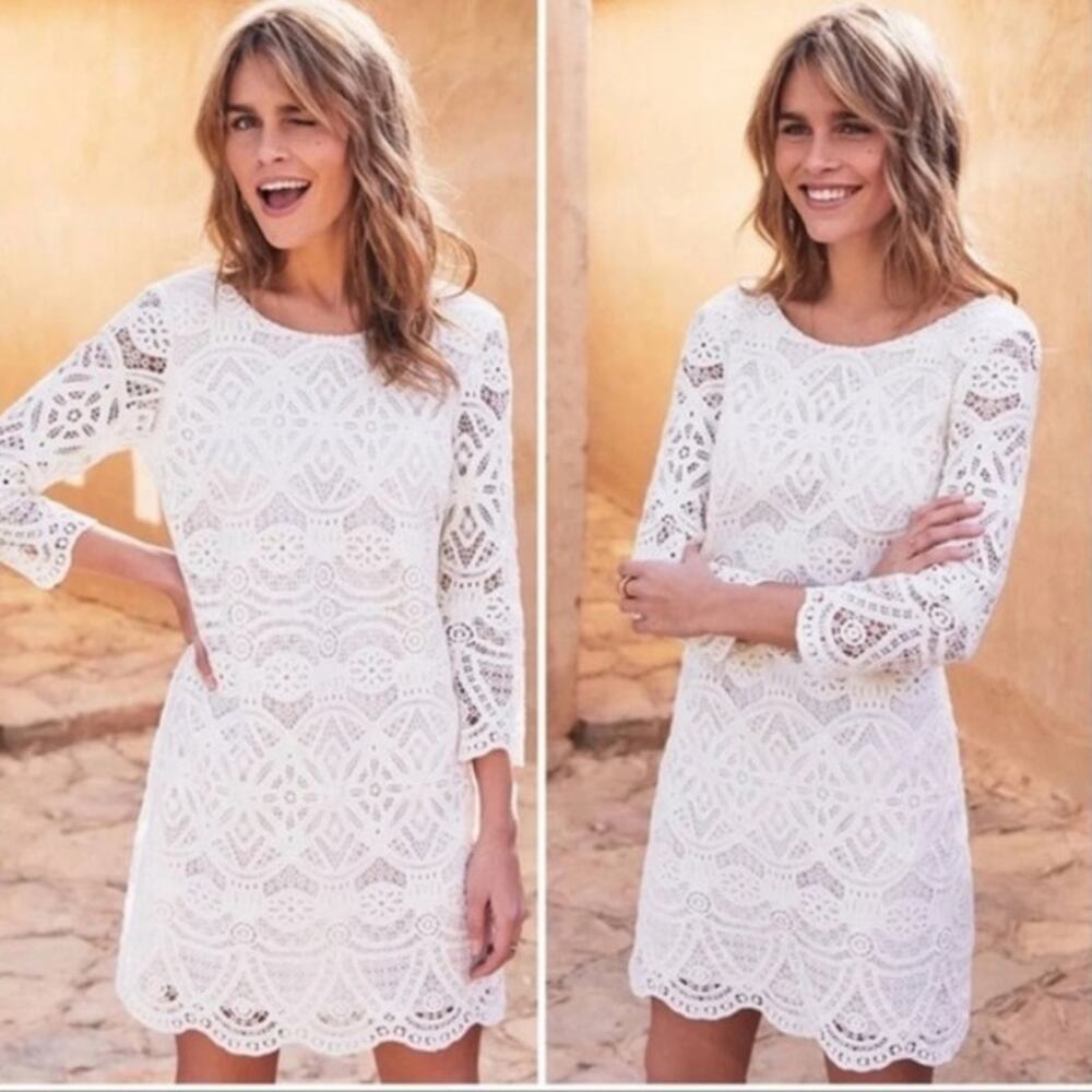 NWT Sezane Sarah Robe Crochet Eyelet 3/4 Sleeve Mini Dress (38) Ecru Cream